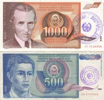 Bosznia-Hercegovina 1990. 500D T:II- + 1000D T:I Mindkettő felülbélyegezve!