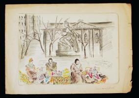 Mannheim Róza (1880-1965): Corvin áruháznál. Akvarell, papír, jelzés nélkül, apró szakadással, 24×34 cm