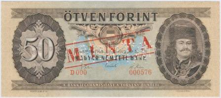1969. 50Ft "D 000 - 000576" sorozat és sorszámmal, piros "MINTA" felülnyomással és perforációval T:I Hungary 1969. 50 Forint with "D 000 - 000576" serial number and with red "MINTA" (SPECIMEN) overprint and perforation C:UNC Adamo F20Ma