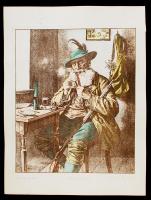 Pécsi András: Öreg vadász. Színezett rézkarc, papír, jelzett, 33×28 cm