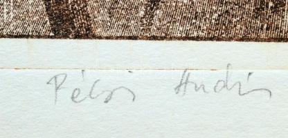 Pécsi András: Öreg vadász. Színezett rézkarc, papír, jelzett, 33×28 cm