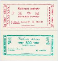 Kalocsa DN "Kiétkezési utalvány" 10Ft + 50Ft + 100Ft hátoldali "KALOCSAI FEGYHÁZ ÉS BÖRTÖN - KIÉTKEZÉSI JEGY I." bélyegzővel + 500Ft + "Kalocsai Konfekcióipari Vállalat - Vásárlási utalvány" 10Ft börtönpénz T:I Hungary / Kalocsa ND "Food voucher" 10 Forint + 50 Forint + 100 Forint on the back with "KALOCSAI FEGYHÁZ ÉS BÖRTÖN - KIÉTKEZÉSI JEGY I." overprint + 500 Forint + "Garment Industry Company / Purchase voucher" 10 Forint prison money C:UNC
