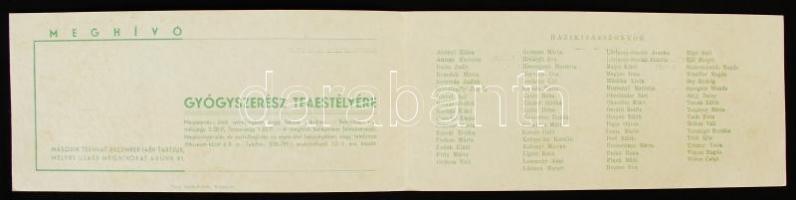 cca 1940 Gyógyszerész Tea. Estély meghívója. A papír rétegei elváltak