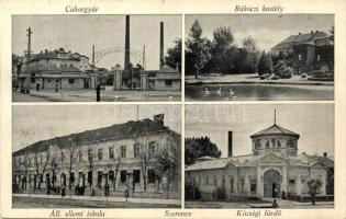 Szerencs, Cukorgyár, Rákóczi kastély, Állami elemi iskola, Községi fürdő (EK)