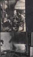 1946-1949 Tiszavölgyi József: A BSZKRt kelenföldi kovács műhelyében, feliratozva, egyik pecséttel jelzett, sarkán törésvonal,  2 db fénykép, 12x15 cm