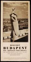 1930 Besucht Budapest, die "Königin der Donau". Fekete-fehér német nyelvű városismertető prospektus, a fontosabb látnivalókkal és a főbb budapesti szállodák listájával.