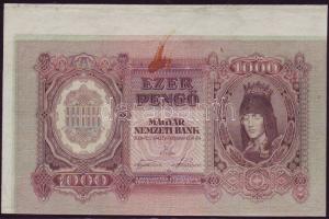 1943. 1000P "Szálasi" bal felső ívszél mindkét oldalán erős festékfoltokkal, klf színárnyalatokkal + erősen elcsúszott alapnyomattal T:I