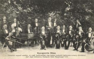 1913 Budapest XIII. Felső Margitsziget, cigányzene verseny; Gyorgyevits Döme temesvári nemzeti zenekara