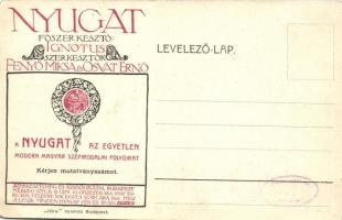 Ady Endre, Székely Aladár felvétele; Nyugat, modern magyar szépirodalmi folyóirat reklám képeslap; J...