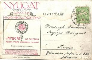 Lengyel Menyhért; Nyugat, modern magyar szépirodalmi folyóirat reklám képeslap; Jókai nyomda (EK)