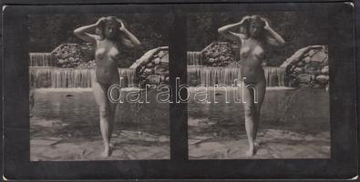 cca 1910 Sztereo aktfotó, finoman erotikus fénykép, 9x18 cm, képméret 7x7 cm / cca 1910 Erotic stereo photo, 7x7 cm