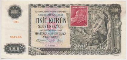 Szlovákia 1940. 1000K csehszlovák bélyeggel, "SPECIMEN" perforációval, gyári papírránccal T:II Slovakia 1940. 1000 Korun with Czechslovak stamp, and "SPECIMEN" perforation, with typographical creases C:XF Kraues 13s