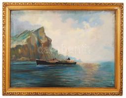 Jelzés nélkül: Teherhajó. Olaj, vászon, keretben, sérült vászon, 60×80 cm