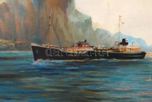 Jelzés nélkül: Teherhajó. Olaj, vászon, keretben, sérült vászon, 60×80 cm