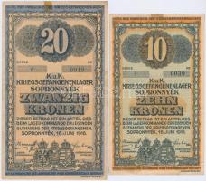 Sopronnyék / hadifogolytábor 1916.06.16. 10K + 20K római sorozatszám és arab sorszámmal T:II (hajtatlanok, kis szakadások, ragasztásnyom) Hungary / Sopronnyék / prison camp 16.06.1916 10 Korona + 20 Korona with Arabic serial number C:XF (unfolded, small tears, gluemarked) Adamo HHP-1.6,1.7