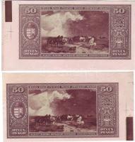 1945. 50P (2x) Csak hátlapi nyomat, jobb felső + bal alsó ívszéli példányok, illesztőkeresztekkel, színpróbákkal T:I