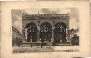 München, Feldherrnhalle, etching style postcard, Carl Jander