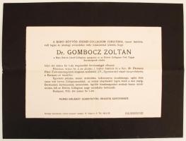 1935 Gyászjelentés Gombocz Zoltán (1877-1935) nyelvész haláláról, Boda István (1894-1979) pszichológus részére megküldve.