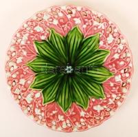 Jelzett szecessziós süteményes tál, kézzel festett mázas kerámia, apró mázhibával, d:17 cm