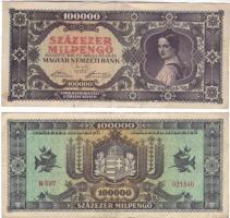 1946. 100.000Milpengő (2x) mindkét példányon "Százezer..." erősen lecsúszva + egyiken alapnyomat részleges hiánya, ill. sárgás szín részleges hiánya T:II