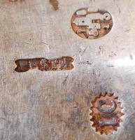 Antik ezüst (Ag.) kanál, jelzett, mesterjeggyel, monogrammal, h:21,5, nettó:58 g