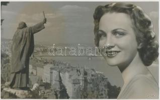 cca 1940 Angelo (1894-1974): Bulla Elma színésznő portréja budapesti látképpel, matricával jelzett vintage fotómontázs, amelyről képeslapot gyártottak, 15x24 cm