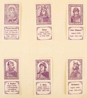 cca 1910 Magyar királyok Szent Istvántól - Ferenc Józsefig. 53 db reklámbélyeg. Komplett sorozat berakólapokon / Hungarian kings 53 poster stamps