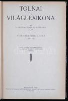 Tolnai Világlexikon I-XVIII. kötet, teljes sorozat, pótkötetek nélkül. Budapest, Tolnai Nyomdai Művészet és Kiadóvállalat Részvénytársaság Kiadása. Egészvászon kötésben, dombornyomott borítóval. Átlagos állapotban