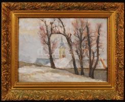 Olvashatatlan jelzéssel: Templom torony. Olaj, papír, üvegezett antik keretben, 28×38 cm