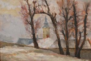 Olvashatatlan jelzéssel: Templom torony. Olaj, papír, üvegezett antik keretben, 28×38 cm