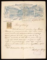 1910 Kerstinger György fűszerkereskedő által kiállított igazolás a Kerstinger György fűszer- és csemegekereskedésnél töltött munkaviszonyról, díszes fejléces papíron.