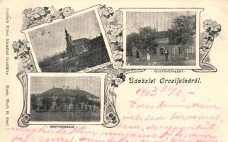 Orczyfalva, Katolikus templom, tejszövetkezet, nagyvendéglő / church, dairy cooperative, restaurant; floral (EK)