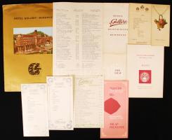cca 1900-1977 10 db régi magyar étlap, budapesti szállodákból is (Hotel Gellért, Grand Hôtel), különféle méretben, magyar mellett angol, francia német nyelven.