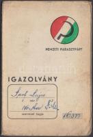 1947-1949 A Nemzeti Parasztpárt Nagybudapesti szervezetének tagsági igazolványa, fénykép nélkül.
