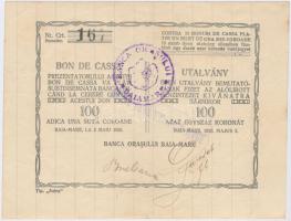 Nagybánya 1920.05.02. 100K "Utalvány" vízjeles papíron, bélyegzésekkel T:II (apró szakadások) Hungary / Nagybánya 02.05.1920 100 Korona "Voucher" with watermark and stamps C:XF (tiny tears) Adamo NBA-1.2