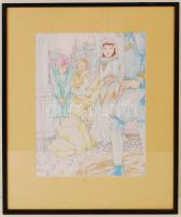 Herpai Zoltán (1951-2011): Shakespeare mesék című könyv eredeti illusztrációi: Szeget szeggel. Színes ceruza, papír, jelzett, üvegezett keretben, 40×29 cm