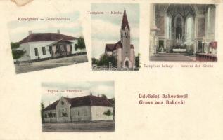 Bakóvár, Községháza, templom, paplak; Nasz Jakab kiadása / town hall, church, parsonage