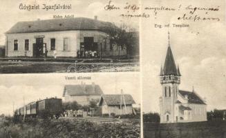 Igazfalva, Kohn Adolf kereskedése, vasútállomás, református templom / shop, railway station, calvinist church