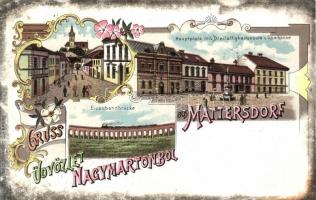 1899 Nagymarton, Mattersdorf; Hauptplatz mit Dreifaltigkeitssäule und Sparkasse, Eisenbahnbrücke / main square, railroad bridge, litho