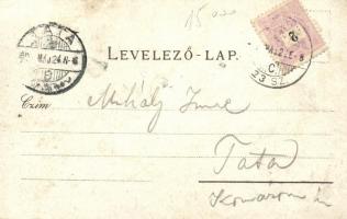 1899 Nagymarton, Mattersdorf; Hauptplatz mit Dreifaltigkeitssäule und Sparkasse, Eisenbahnbrücke / m...