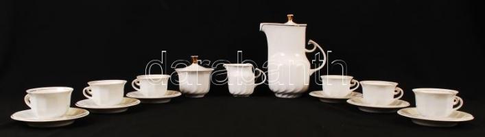 Hollóházi mokkás készlet, jelzett, apró lepattanás a cukortartón