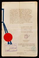 1946 Tel-Aviv, angol nyelvű közjegyzői okirat, csatolmányként magyar nyelvű meghatalmazással. Rányomott közjegyzői pecséttel, 6 Ft-os illetékbélyeggel, 4 p.