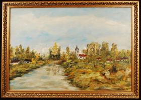 Kovács Sándor: Faluvég. Olaj, farost, jelzett, keretben, 50×70 cm
