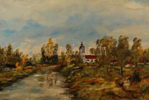 Kovács Sándor: Faluvég. Olaj, farost, jelzett, keretben, 50×70 cm