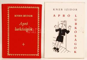 Kner Izidor: Apró lurkóságok. [Gyomaendrőd], 1992, Gyomai Kner Nyomda. Gergely Tibor (1900-1978) grafikus rajzaival, az 1933-as kiadás reprintje. 222. számozott példány, készült 1500 példányban. Aranyozott műbőr kötésben, papír védőtokban, jó állapotban.