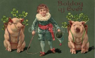 New Year, pigs, Emb. litho