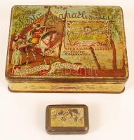 2 db régi fém doboz: gyógyszeres dobozka (3.5 x 5 cm) és 'Nestor Gianaclis Harem' cigarettás doboz (11 x 14 cm)