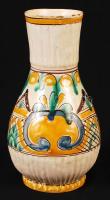 Kézzel festett, virágokkal díszített, füles kerámia váza, jelzett, apró lepattanásokkal, m: 21cm
