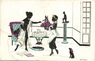 18 db RÉGI sziluett művészlap, benne pár erotikus sziluett lap, és éjjeli bécsi kép részegekkel, több szignós / 18 old silhouette artist cards, some erotic art postcards, one postcard from Vienna at night with drunks, pinx. Trebicky, Manni Grosze