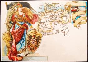 cca 1900 Németország térképe és címerének lithografált képe. Földes Kelemen aradi gyógyszerész reklámkártyája / cca 1900 Germany litho advertising on the backside Arad pharmacist commercial 13x9 cm